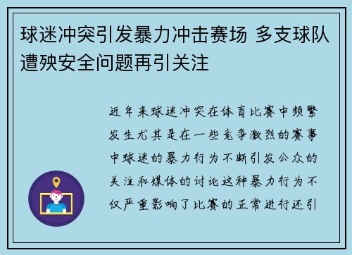 球迷冲突引发暴力冲击赛场 多支球队遭殃安全问题再引关注